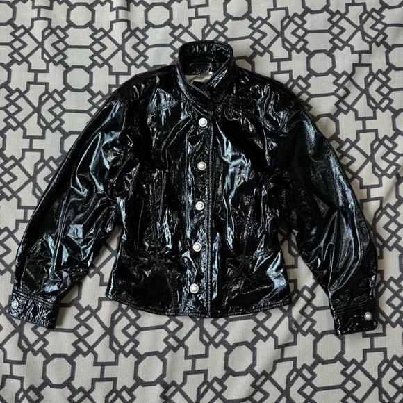 Escada Laurel Black Patent Genuine Leather Moto Jacket Bomber Pearl Buttons Sz42 - Picture 3 of 15